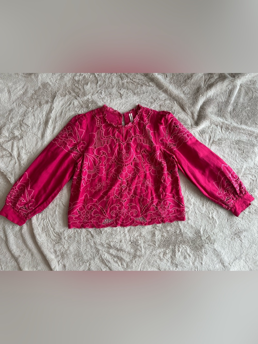 Anthropologie Pink Lainie Long-Sleeve Lace Cutwork Blouse, Size L